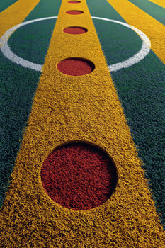 A soccer field with a red and yellow stripe photo