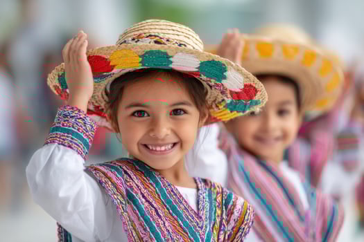 Mexican girls wearing traditional clothing smiling and holding their hats photo