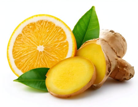 Fresh Ginger slices with yellow lemon slice on white background photo