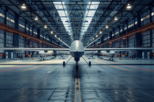 Armed military drones lined up in a high-tech hangar with dramatic lighting and reflections on the floor. photo