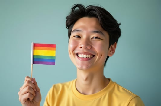 LGBT Pride month . Joyful individual celebrating diversity with a rainbow flag on blue background photo