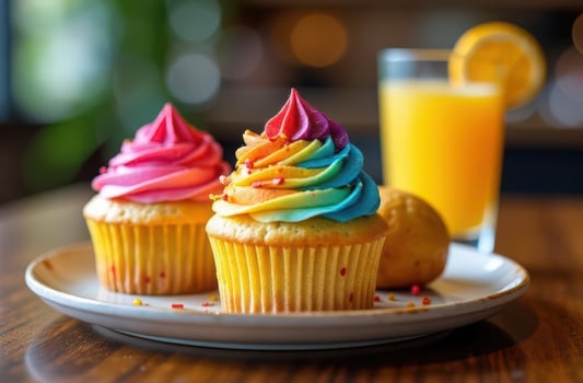 Colorful cupcakes with rainbow frosting and glass of orange juice on a wooden table. LGBTQ Pride month . photo