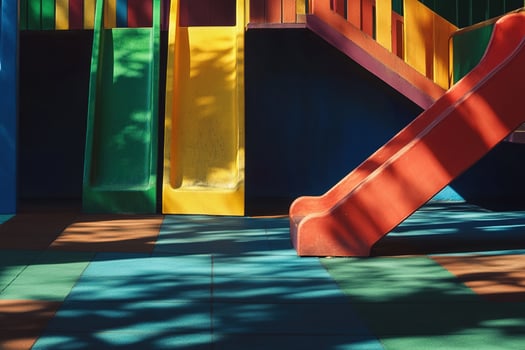 Outdoor play area with colorful equipment designed for kids fun, surrounded by warm natural lighting photo