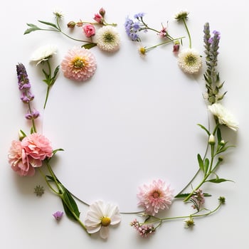 Top view composition featuring round white blank card encircled by delicate pastel flowers, perfect for wedding invitations, greeting cards and romantic announcements photo