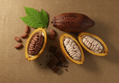 Cacao Pods Beans Chocolate Squares Burlap Background Photography Still Life Ingredient photo