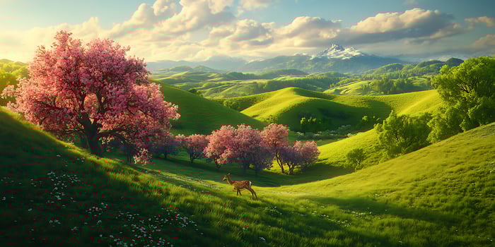 Stunning Spring Landscape Pink Cherry Blossom Trees Green Hills Sunny Sky Background Image photo
