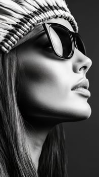 A beautiful Native American woman with sunglasses displays her features in a stunning black and white portrait against a dark background photo