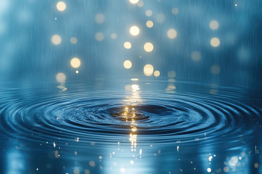 Water droplets creating ripples on a dark blue surface. photo