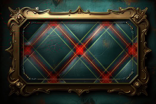 Ornate gold frame showcasing a teal and red tartan design. photo