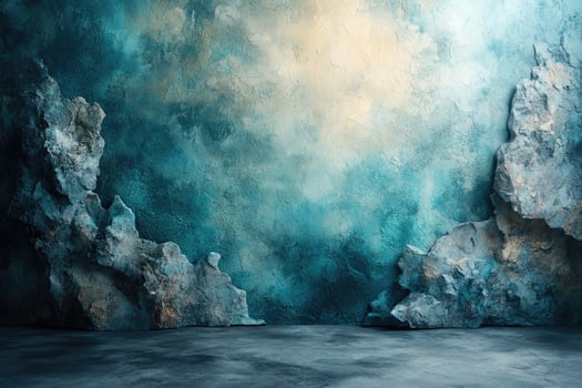 A textured, interior scene with stone and painted walls. photo