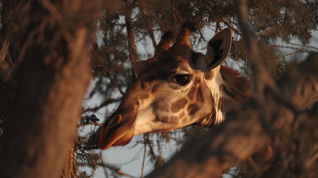 Majestic Giraffe Peering Through Tree Branches in Golden Sunset Light photo