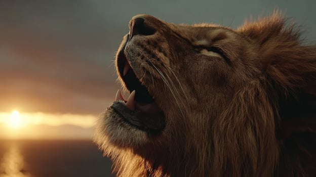 Majestic lion roaring against a dramatic sunset sky, showcasing the beauty and power of wildlife in a natural environment photo