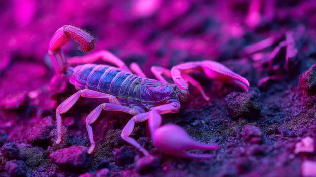 Macro shot of vibrant scorpion moving through textured ground under purple lighting with captivating details and colors photo