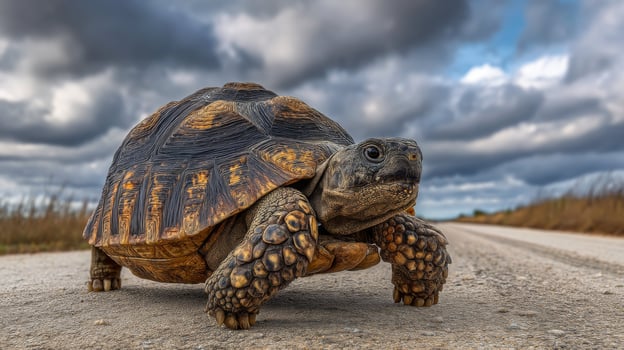 Close-Up of a Tortoise Crawling on a Road Under Dramatic Clouds in Nature's Scenic Landscape photo