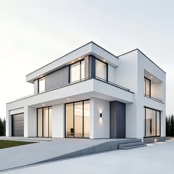 Exterior of a Modern White House with Illuminated Windows photo