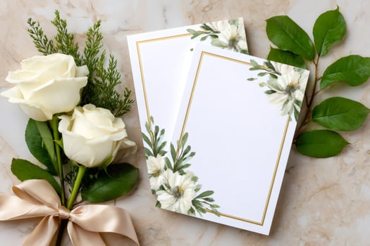 Wedding invitation cards with white flowers and leaves decorating corners lying on marble table next to white roses photo