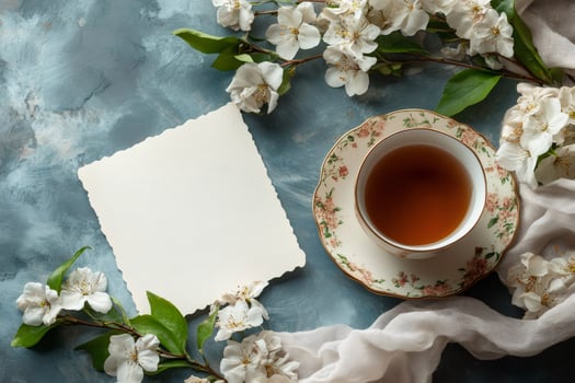 Teacup, blank greeting card and apple blossoms creating a spring background photo