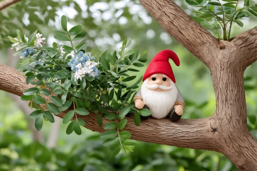 Garden gnome sitting on a tree branch enjoying nature photo