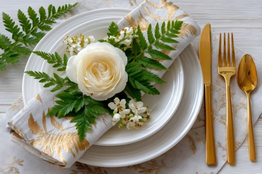 Elegant table setting featuring white rose and gold cutlery photo