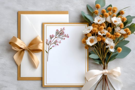 Wedding invitation, envelope and dried flowers bouquet lying on gray background photo