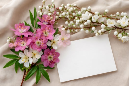 Spring flowers decorating a blank greeting card on beige linen background photo