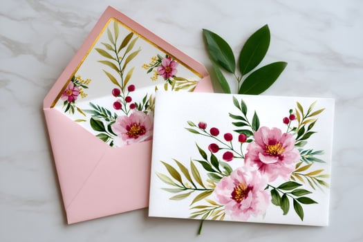 Elegant pink and gold wedding invitation suite with watercolor flowers and leaves photo