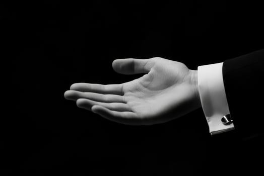 Elegant open hand gesture in a formal setting, showcasing a refined presentation style photo