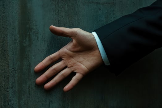 Elegant hand gesture in a formal suit against a textured wall, conveying invitation photo
