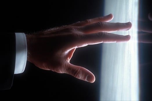 A businessman's hand reaching towards a glowing surface in a dark environment, symbolizing innovation photo