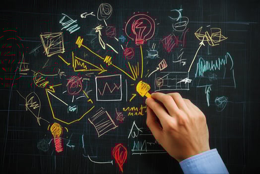 Creative brainstorming session with hand drawing colorful ideas on a chalkboard photo