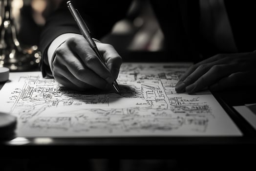 Professional hand sketching architectural plans on a desk, with soft lighting in the background photo
