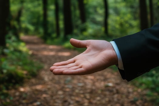 Open hand gesture in a forest path, symbolizing invitation amidst lush greenery photo