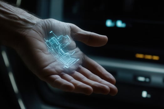 Futuristic hand displaying holographic technology inside a modern vehicle interior photo