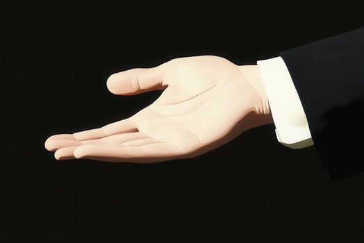 Elegant outstretched hand in formal attire against a dark background, inviting gesture photo