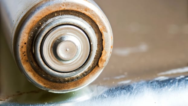 Corroded aa battery in wet puddle on metal surface closeup shot industrial environment macro photography photo