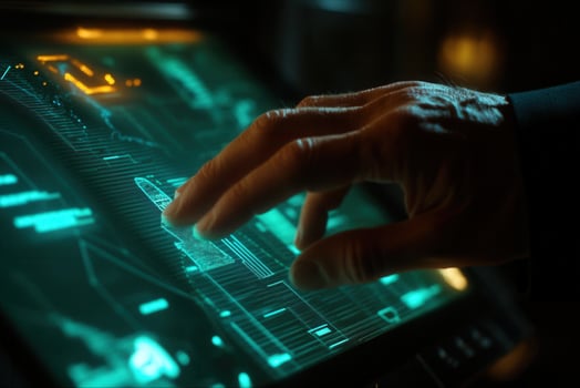 Futuristic hand interacting with a holographic display showcasing digital data and graphics photo