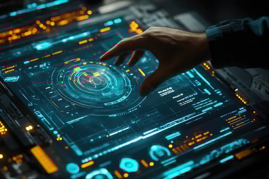 Futuristic hand interacting with a holographic interface displaying digital data and graphs photo