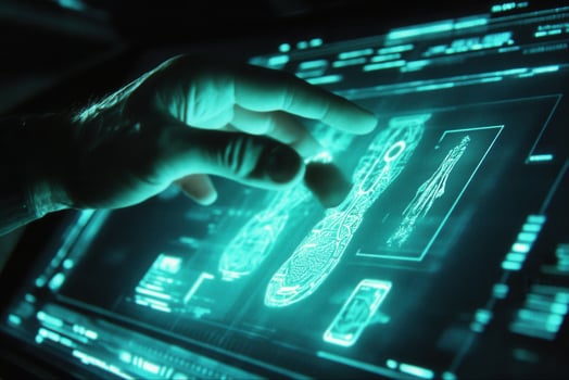 Futuristic hand interacting with holographic display showcasing anatomical data and analysis photo