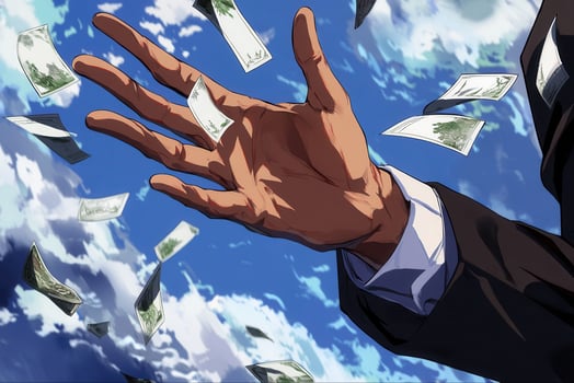 Hand reaching out amidst falling money, set against a vibrant blue sky with clouds photo