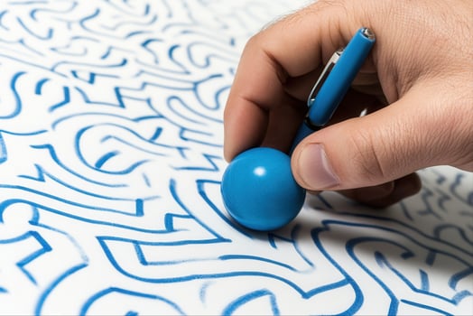 Hand holding a pen tracing intricate blue patterns on a white surface with focus photo