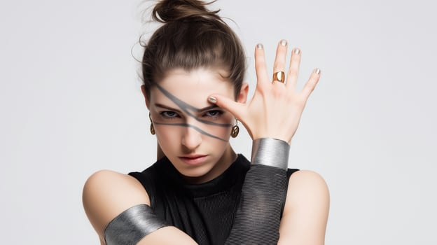 Fierce woman in black outfit with silver accents and bold face paint. Symbol of female power, resilience, and inner strength. Artistic fashion concept with minimalist background and dramatic pose. photo