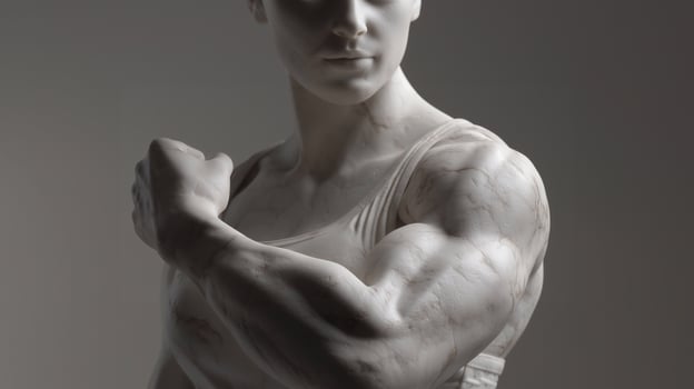 Powerful marble figure of a strong woman in athletic pose. Aesthetic fusion of classical sculpture and modern fitness energy. Strength, beauty, and timeless elegance captured in stone texture. photo