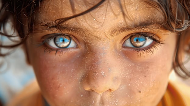 Close-Up Portrait of a Young Boy with Striking Blue Eyes and Dirt photo