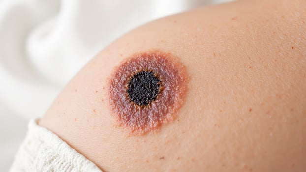 Close-up View of a Skin Lesion with Dark Center and Red Halo photo