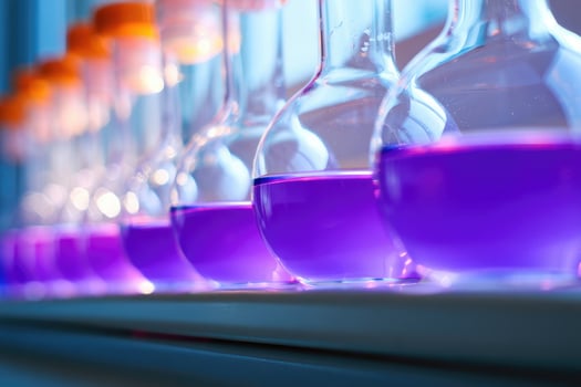 Colorful laboratory flasks lined up with purple liquid in a scientific setting photo