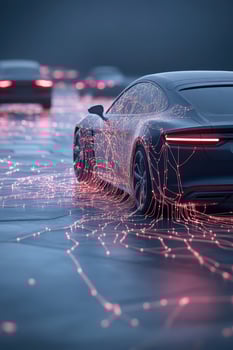 Dark car with glowing connections on road. Automotive vehicle with neural networks. Lines and data flow on pavement. Transport technology. photo