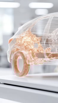 Car outline on table. Dotted structure forms neural network. White background. Technology concept. Wireframe design for vehicle. photo