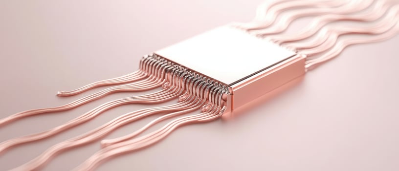 Interconnected circuit with many copper wires forming neural networks on a clean surface in soft light. Data streams connecting a central module. photo