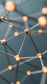 Abstract depiction network with metal nodes connecting at spherical junctions with glow on dark background for computer neural networks photo