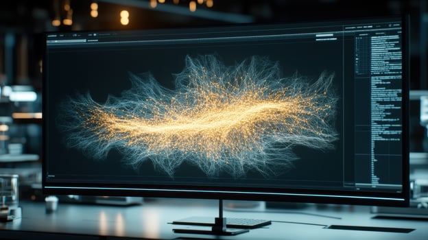 Computer Screen Shows Neural Network Data. Glowing Points Connect With Lines. Dark Background. Program Code Displayed. Information Technology Concept. Artificial Intelligence. photo